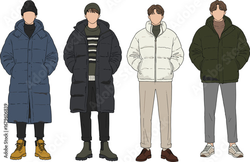 Fashion flat illustration of four men wearing varied puffer jackets in casual street style, vector drawing for winter outerwear design, modern garment presentation