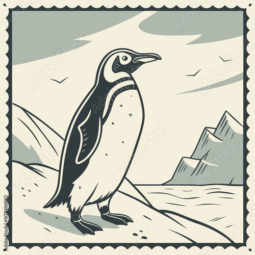 A cute cartoon penguin postage stamp with a bird illustration for a winter nature design