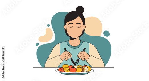 Woman enjoying a healthy and balanced meal with fresh fruits and vegetables.