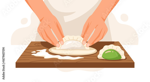 Hands preparing dough for dumplings on a wooden board.