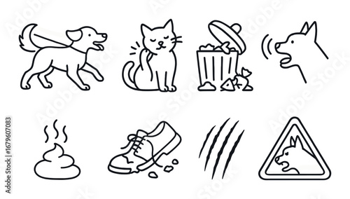 Black and white pet icons featuring dog, cat, trash can, and warning sign