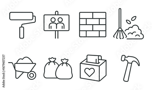 Eight cleanliness and community care icons on dark background