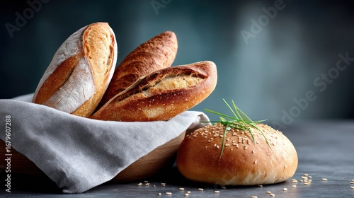 Freshly baked loaves of bread in a wooden bowl