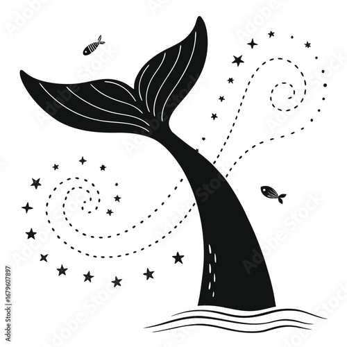 Whale tail splashing spiral fireflies silhouette