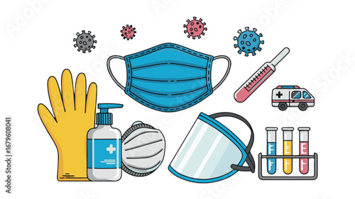 Medical protective gear and COVID-19 virus icons on a white background medical mask face mask