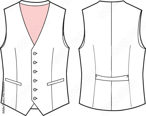 Men’s formal vest vector template, front and back flat sketch, technical fashion drawing, buttoned waistcoat design, tailored garment for apparel design