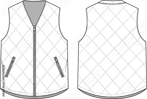 Vector flat sketch of quilted sleeveless vest, front and back view, fashion technical drawing, outerwear template, clothing design for winter apparel
