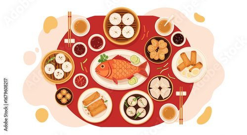Traditional Chinese New Year Dinner with Steamed Fish and Dim Sum.
