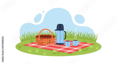 Picnic setup with basket, thermos, and cups on a red checkered blanket.