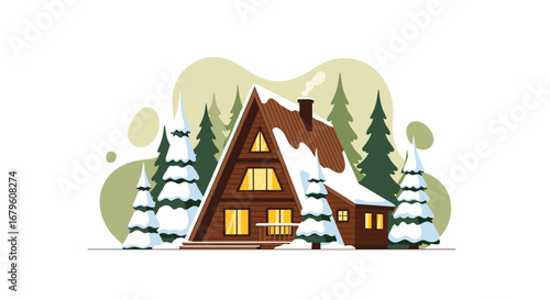Cozy A-frame cabin nestled in snowy winter forest scene.