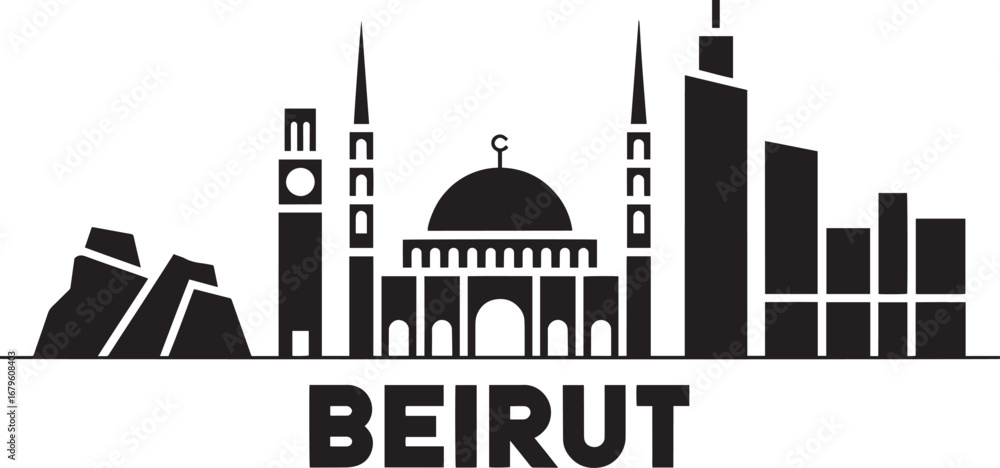 Fototapeta premium Beirut Skyline Silhouette with Mosque and Clock Tower Icon Vector Illustration