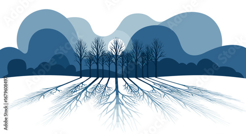 Bare trees with intricate root systems casting long shadows.