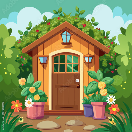 Cozy cartoon garden shed illustration vector art with wooden door and lush greenery