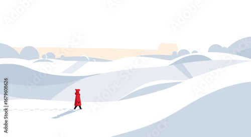 A lone figure in a red coat walks through a vast snowy landscape.