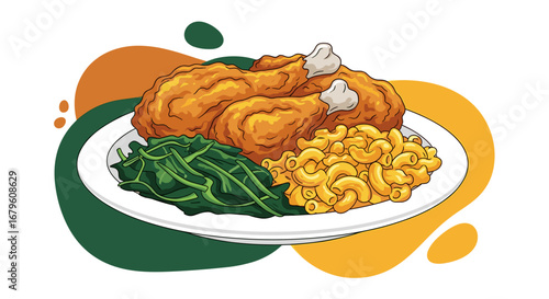 Delicious Fried Chicken Dinner with Macaroni and Cheese and Spinach.