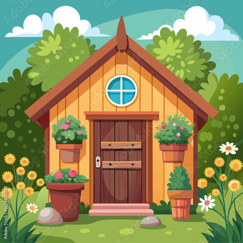 Cozy cartoon garden shed with wooden door and blooming flowers vector illustration