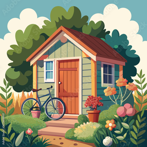 Charming cozy garden shed cartoon vector illustration scalable outdoor building nature elements