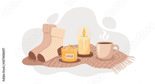 Cozy Hygge Still Life with Warm Socks, Candles, and Coffee.
