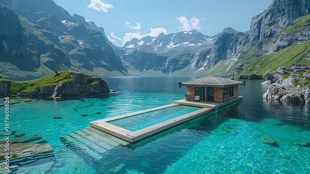 Obraz premium Idyllic cabin with a pool on a lake surrounded by mountains on a sunny day