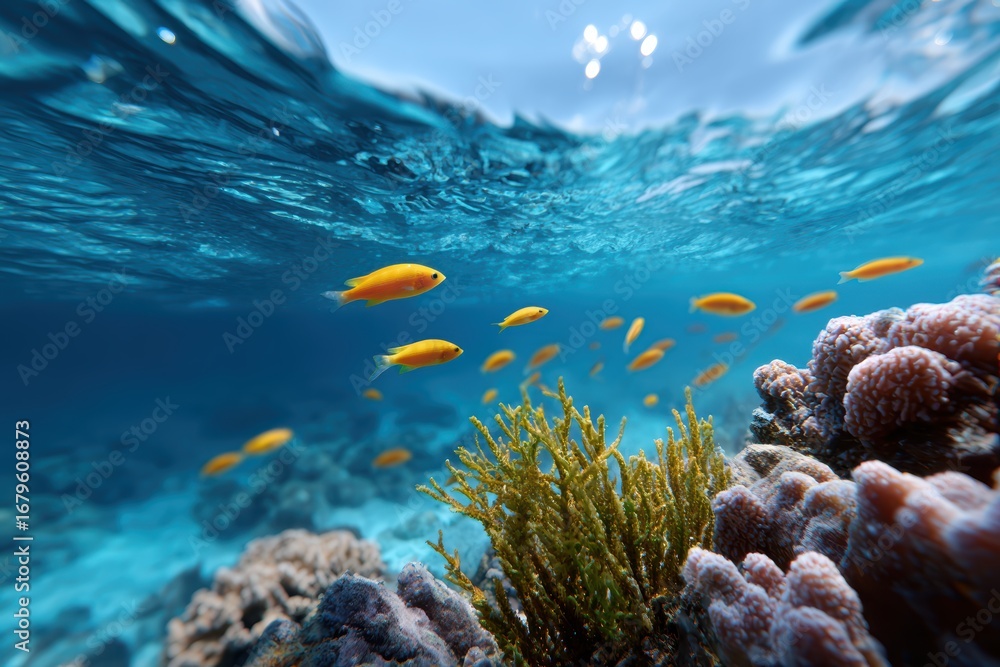 Naklejka premium Underwater coral reef teeming with bright tropical fish and swaying seaweed in crystal-clear water