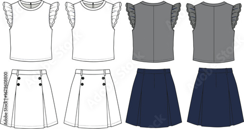 Girls flutter sleeve top and pleated skirt fashion flat sketch, front and back technical drawing, vector clothing template, kidswear design