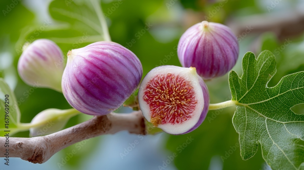 Obraz premium Ripe purple figs on tree with vibrant green leaves and blue sky background
