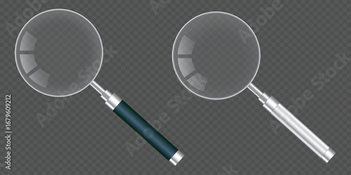 Realistic transparent magnifying glass isolated background lens search tool zoom magnify optical loupe clarity optical lens magnifier reflection inspection vector illustration design