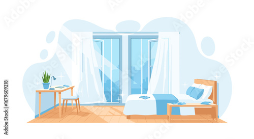 Bright and Airy Bedroom with Open Curtains and Minimalist Decor.