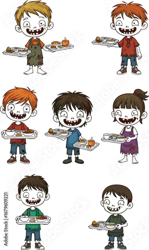 Cartoon Children Holding Food Trays in Tattered Clothes – Funny Survival, Halloween, School Lunch, Hunger Awareness Vector Illustration
