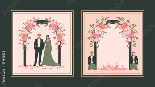 Elegant Indian Wedding Couple Vector Art under a Beautiful Floral Arch, Perfect for Invitations and Celebration Designs with a Romantic and Traditional Feel