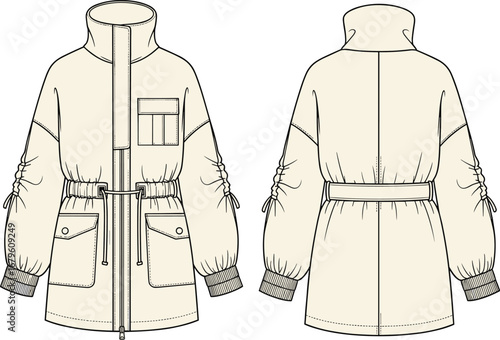 Fashion technical flat sketch vector of women’s long utility jacket, front and back view, detailed outerwear coat template for design and production