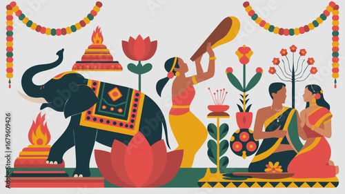 Vibrant Indian wedding couple illustration depicting traditional rituals, a decorated elephant, and festive elements in a beautiful vector art style, symbolizing love and cultural heritage