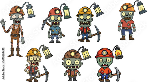Cartoon zombie miner characters with lanterns, pickaxes, and helmets, spooky undead workers in mining theme vector illustration set
