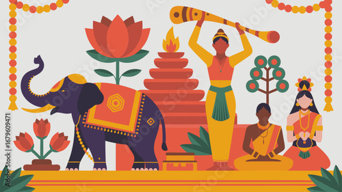 Vibrant Indian wedding vector illustration, with an elephant, sacred lotus, and traditional figures, perfect for a joyous couple's celebration
