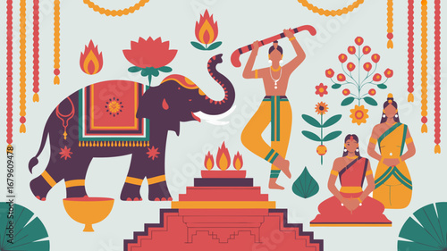 Colorful Indian wedding vector artwork, illustrating a loving couple's sacred ceremony surrounded by traditional cultural elements and an ornate elephant