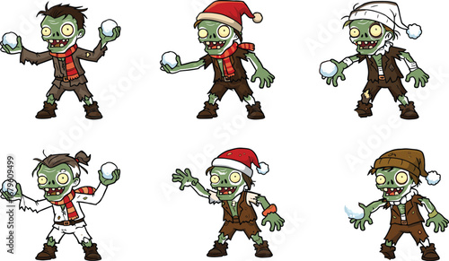 Cartoon zombies in winter outfits throwing snowballs, funny undead characters in holiday scene, Christmas horror snowball fight vector illustration