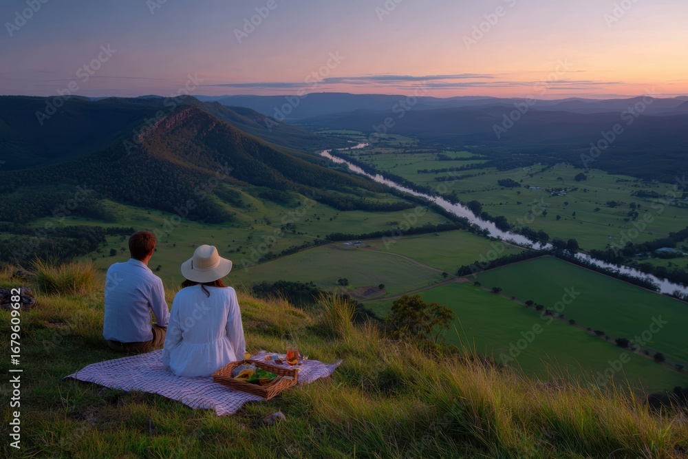 Fototapeta premium Couple enjoying a sunset picnic on a hilltop overlooking rolling green fields and a winding river