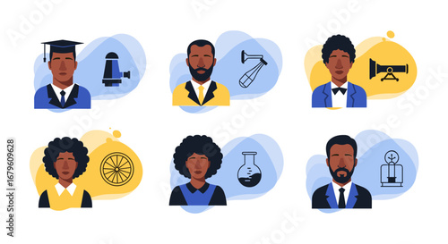 Diverse professional avatars with career related icons.