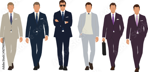 Businessmen in formal suits vector illustration, stylish male professionals walking, modern corporate attire design for business concept, fashion, and office wear
