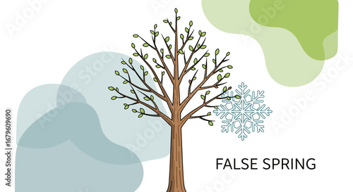 Bare Tree with Budding Branches and Snowflake Representing False Spring.