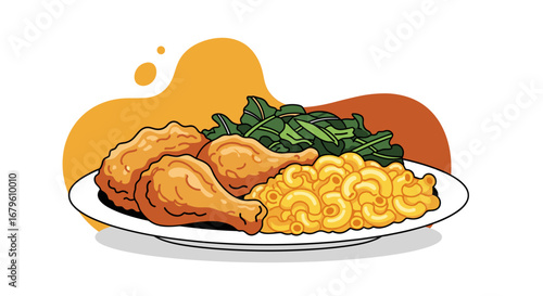 Delicious Fried Chicken, Macaroni and Cheese, and Collard Greens Meal.