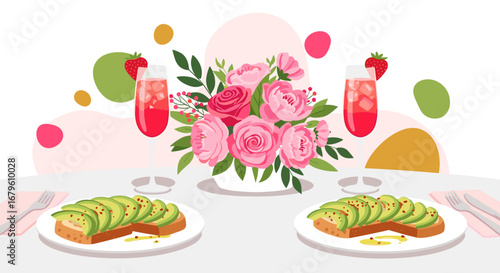 Romantic Brunch Setting with Avocado Toast and Cocktails.