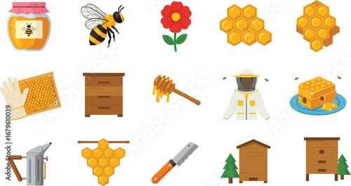 Beekeeping and honey production icons set, including beehive, beekeeper, honeycomb, honey jar, bees, tools, gloves, and honey dipper
