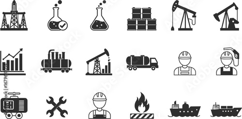 Black oil and gas industry icons, including refinery, oil barrels, chemical flasks, fuel pump, chart, transport, tanker ship, and workers set
