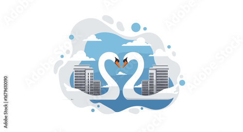 Two elegant swans forming a heart shape, symbolizing love and unity.