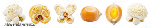 Popcorn set including popped, unpopped, whole kernels, and cut sections isolated. Snack food and ingredient collection.