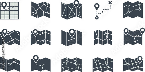 Navigation map vector icons set, GPS location, travel route, direction symbols, folded paper maps with pins, path, and road planning illustrations