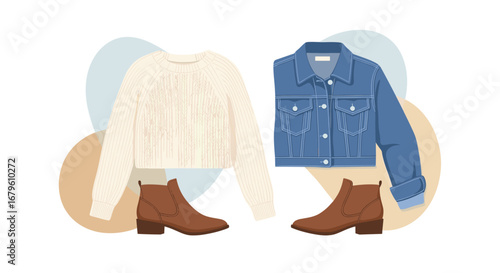 Stylish Autumn Winter Fashion Outfits with Sweater, Denim Jacket, and Boots.