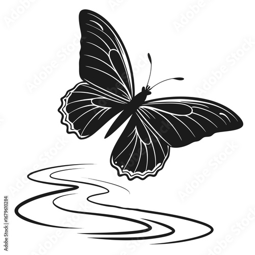 Butterfly wings glowing above neon water silhouette