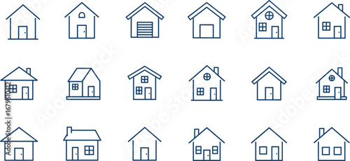 House icons vector set, simple home outline symbols, real estate icons collection, residential building designs, property vector illustrations, housing line art icon